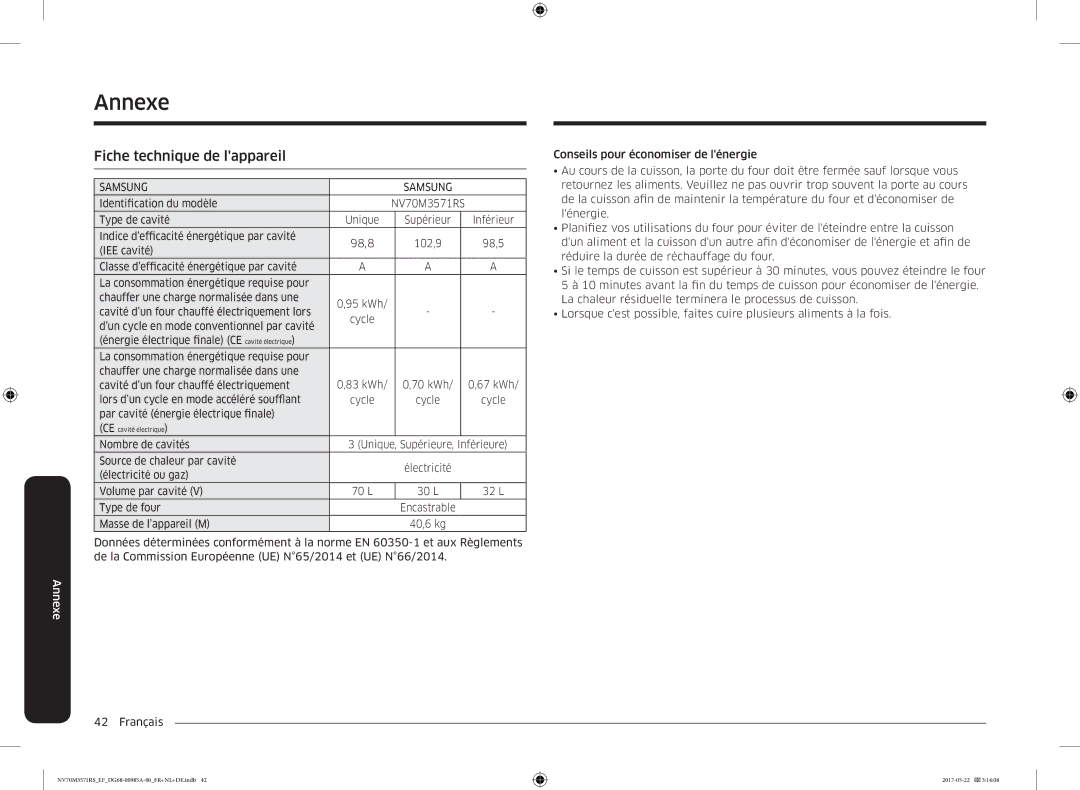 Samsung NV70M3571RS/EF manual Annexe, Fiche technique de lappareil 