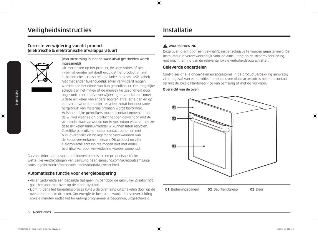 Samsung NV70M3571RS/EF manual VeiligheInstallatidsinstructies, Installatie, Automatische functie voor energiebesparing 