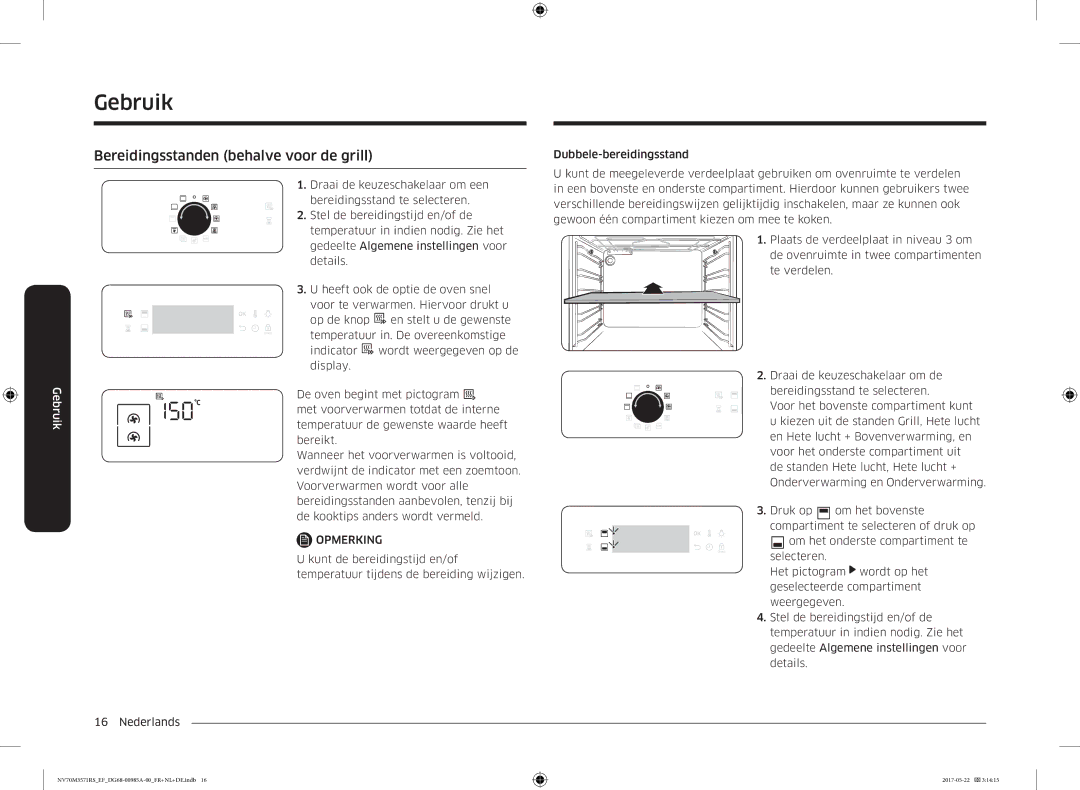 Samsung NV70M3571RS/EF manual Bereidingsstanden behalve voor de grill 