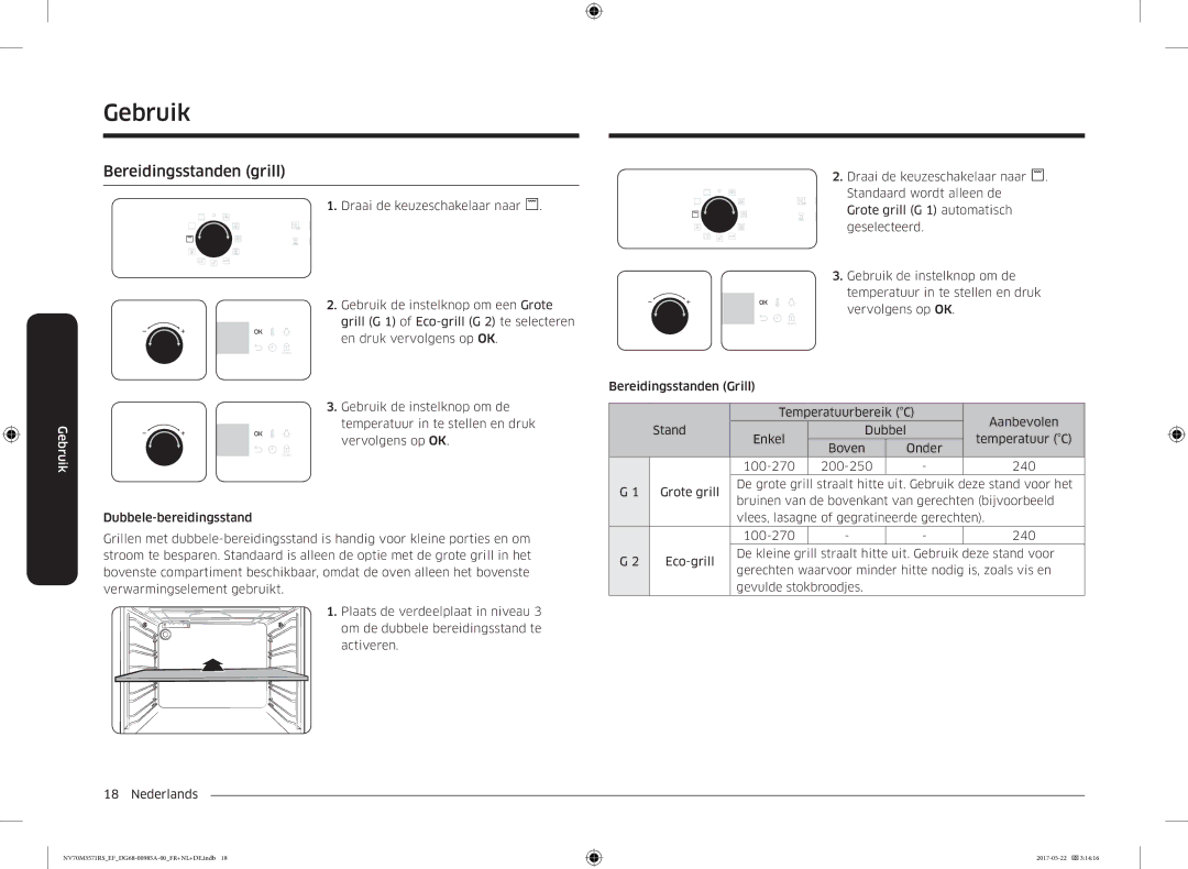 Samsung NV70M3571RS/EF manual Bereidingsstanden grill 