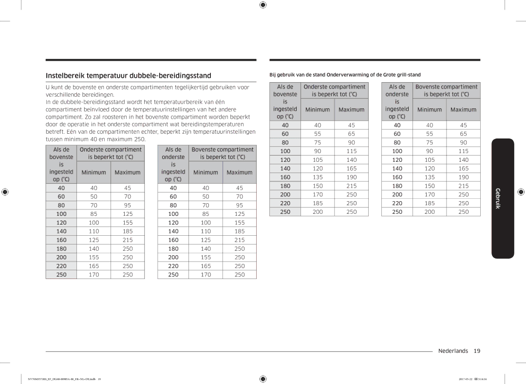 Samsung NV70M3571RS/EF manual Instelbereik temperatuur dubbele-bereidingsstand 