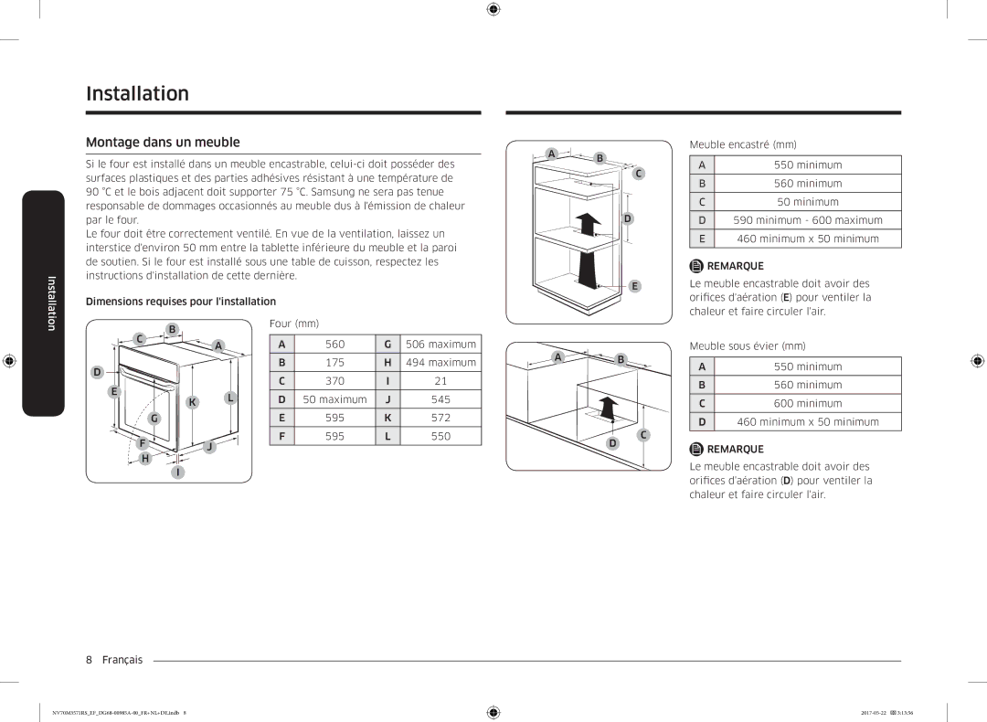 Samsung NV70M3571RS/EF manual Installation, Montage dans un meuble 