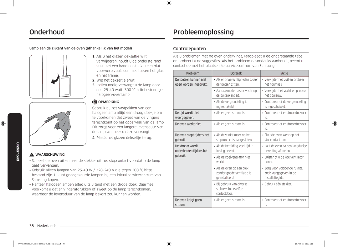 Samsung NV70M3571RS/EF manual Onderhoud Probleemoplossing, Controlepunten 