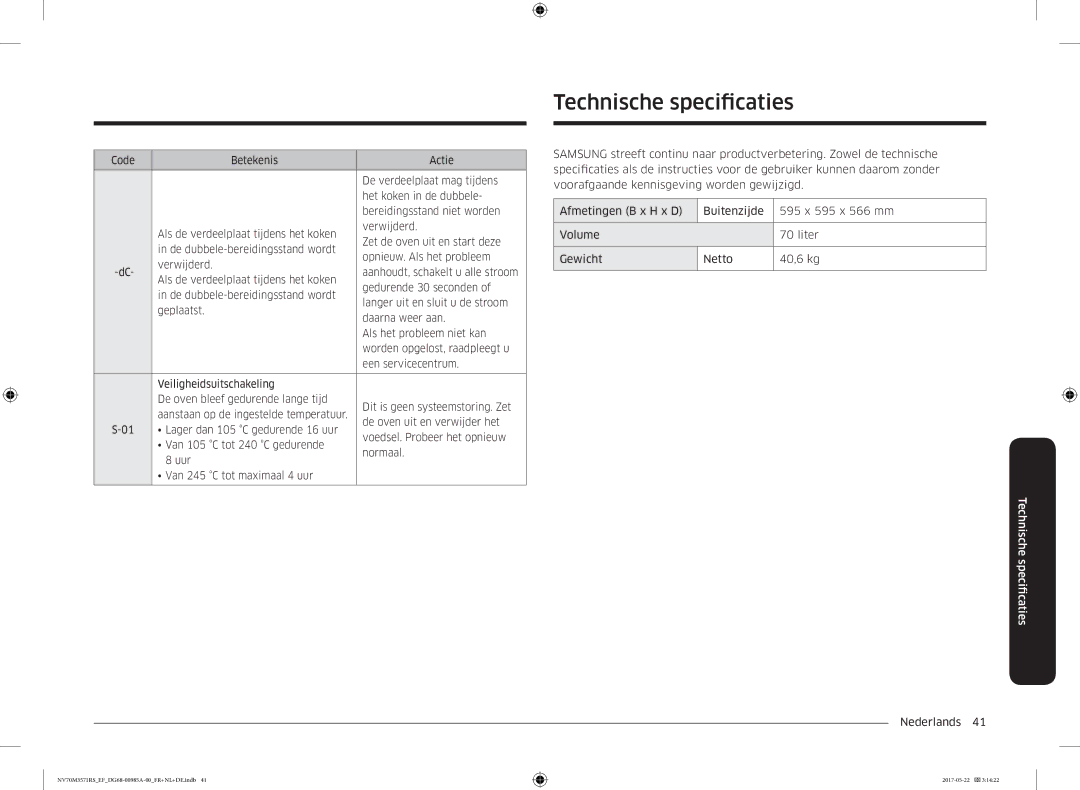 Samsung NV70M3571RS/EF manual Technische specifcaties 