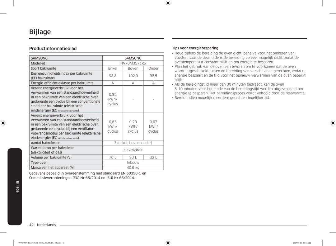 Samsung NV70M3571RS/EF manual Bijlage, Productinformatieblad 