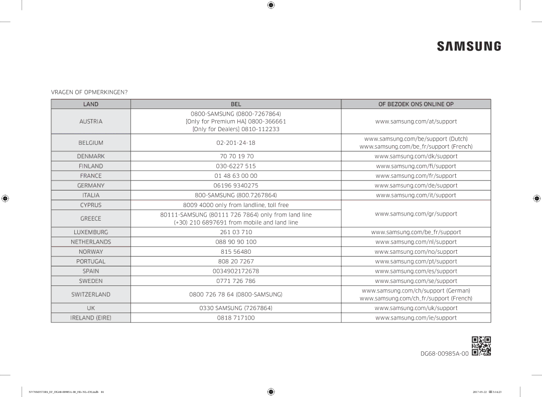 Samsung NV70M3571RS/EF manual Vragen of OPMERKINGEN? Land BEL Bezoek ONS Online OP 