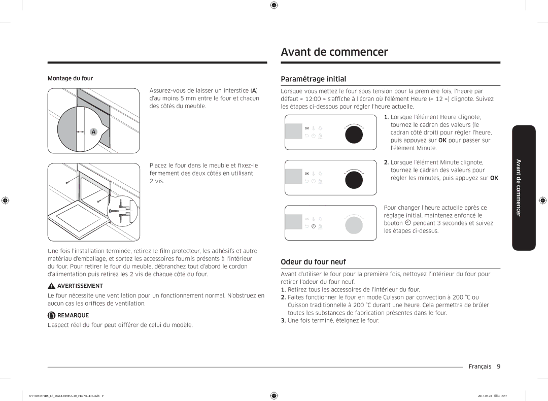 Samsung NV70M3571RS/EF manual Avant de commencer, Paramétrage initial, Odeur du four neuf 