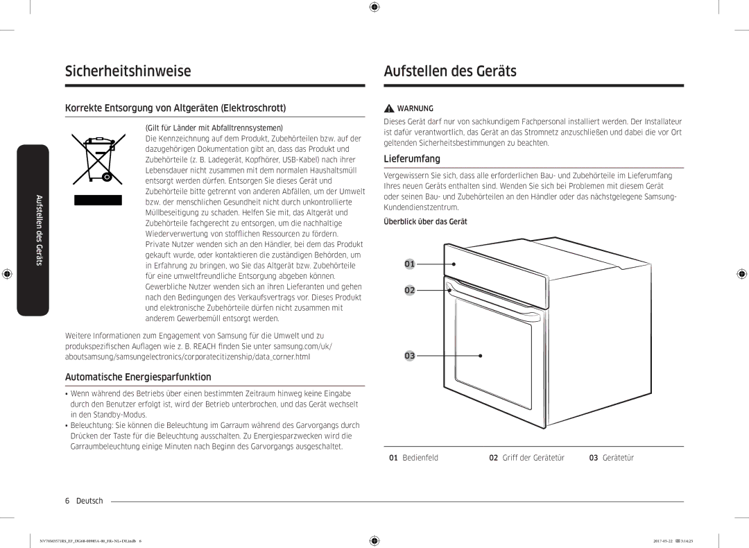 Samsung NV70M3571RS/EF manual SicherhAufstelleitshinwdes Geiseräts, Aufstellen des Geräts, Automatische Energiesparfunktion 