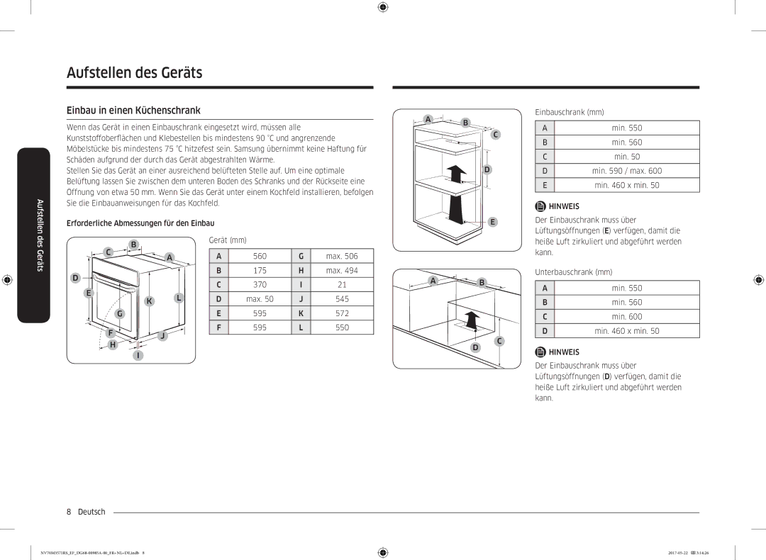 Samsung NV70M3571RS/EF manual Einbau in einen Küchenschrank 