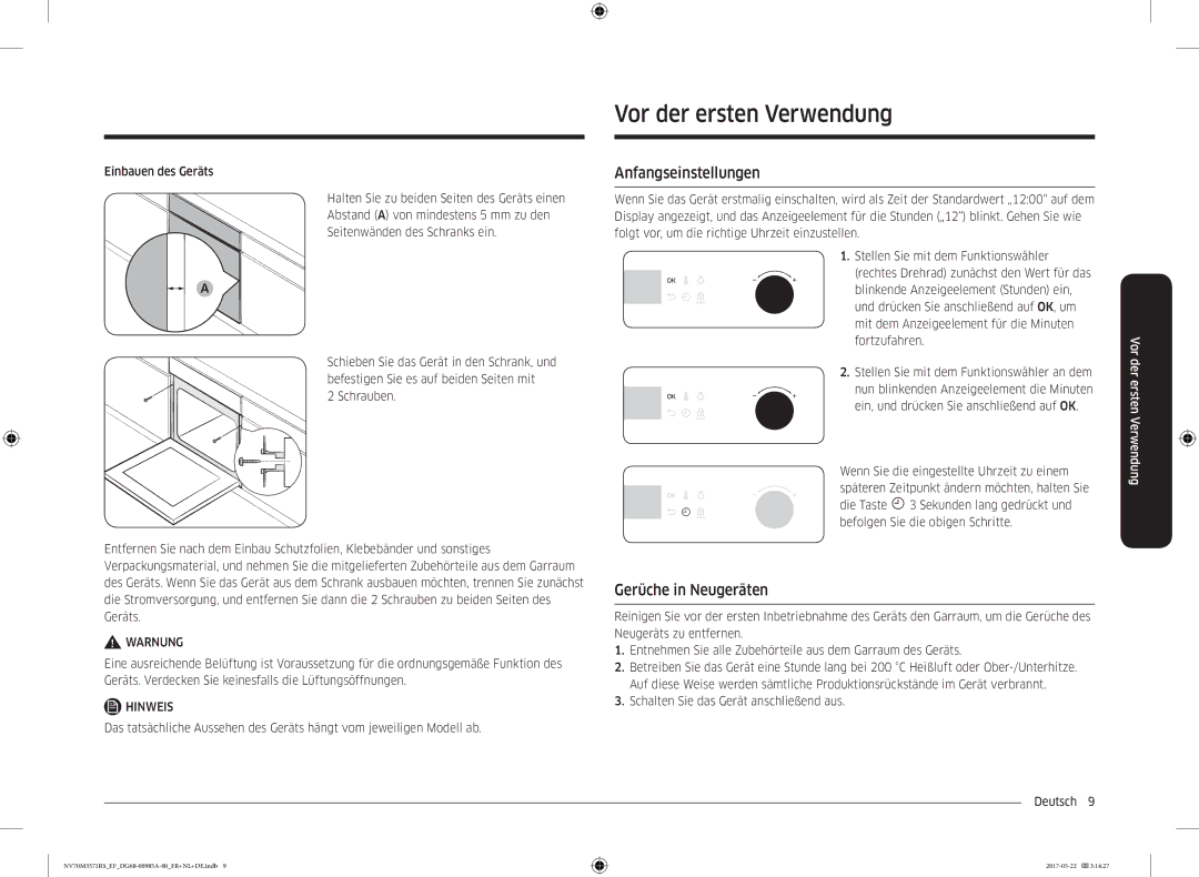 Samsung NV70M3571RS/EF manual Vor der ersten Verwendung, Anfangseinstellungen, Gerüche in Neugeräten 