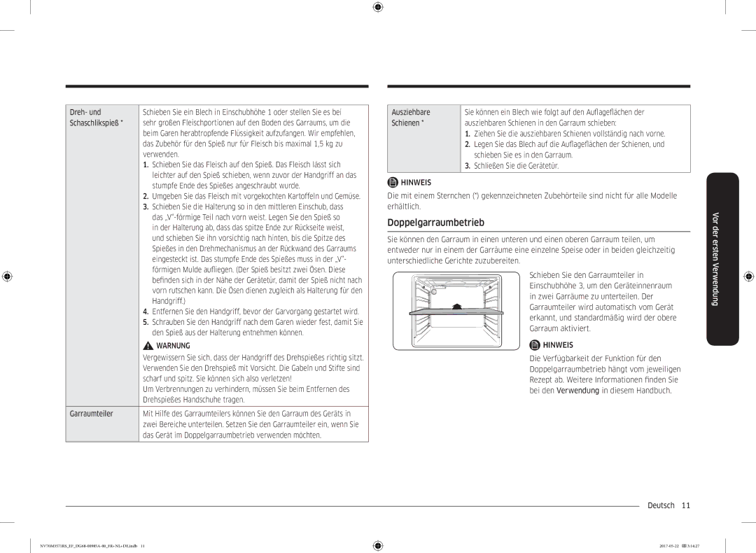 Samsung NV70M3571RS/EF manual Doppelgarraumbetrieb 