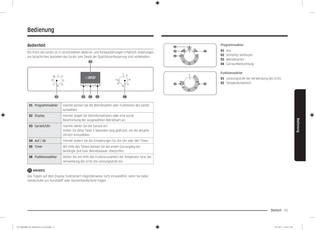 Samsung NV72M1010BS/EE, NV72M1010BS/EG manual Bedienung, Bedienfeld, Uhrzeit einzustellen 