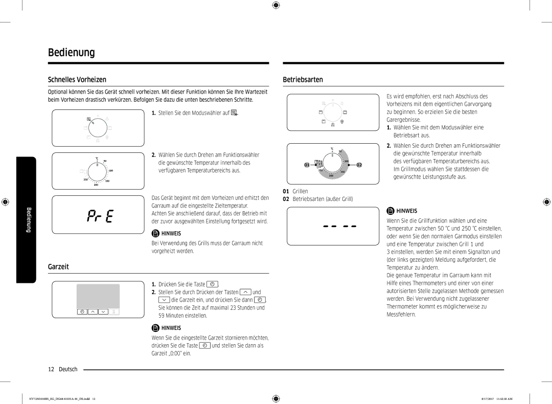 Samsung NV72M1010BS/EG, NV72M1010BS/EE manual Schnelles Vorheizen Betriebsarten, Garzeit 