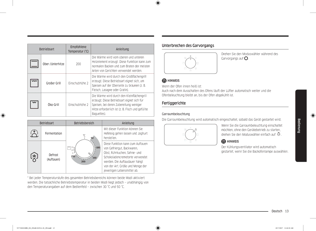 Samsung NV72M1010BS/EE, NV72M1010BS/EG manual Unterbrechen des Garvorgangs, Fertiggerichte 