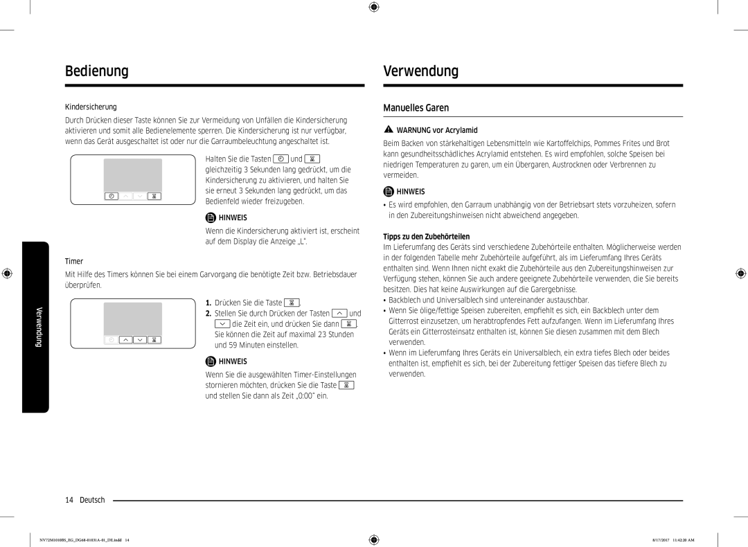 Samsung NV72M1010BS/EG, NV72M1010BS/EE manual Verwendung, Manuelles Garen, Kindersicherung, Tipps zu den Zubehörteilen 