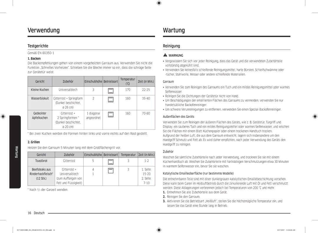 Samsung NV72M1010BS/EG, NV72M1010BS/EE manual Wartung, Testgerichte, Reinigung 