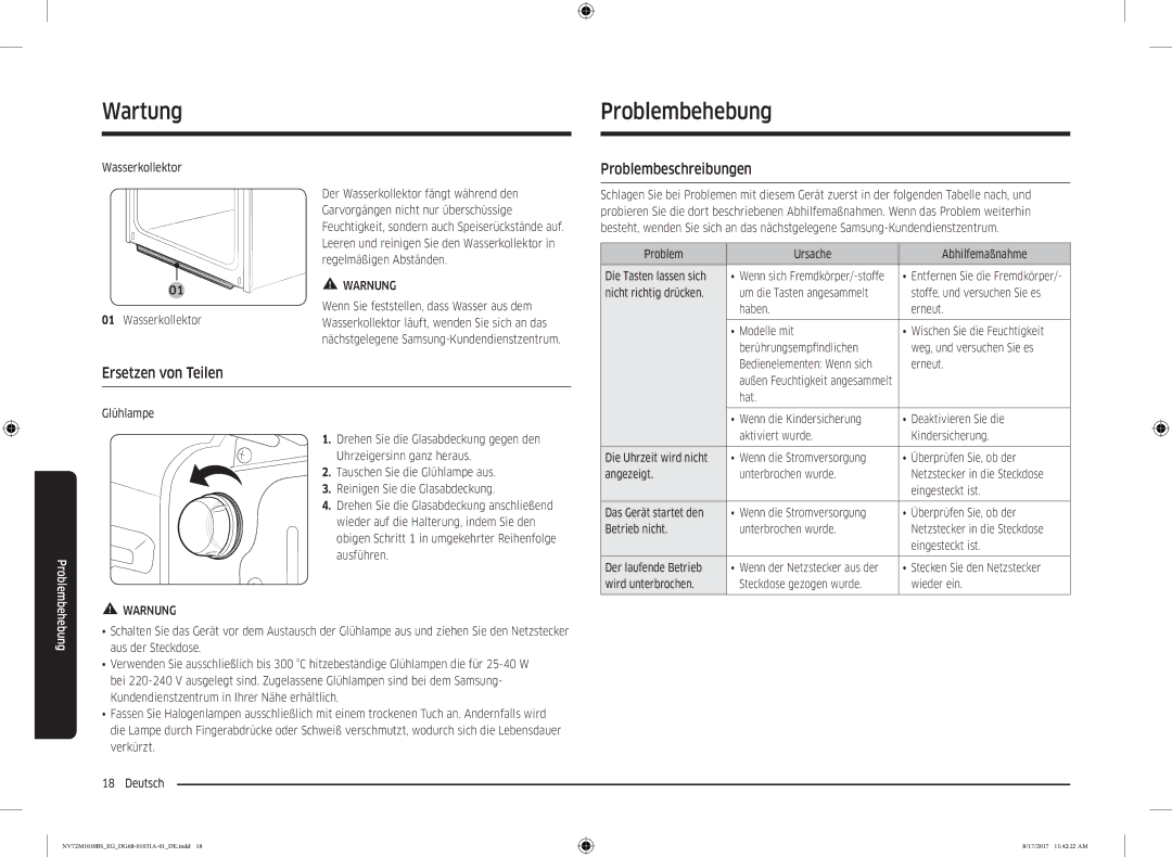 Samsung NV72M1010BS/EG, NV72M1010BS/EE manual Wartung Problembehebung, Ersetzen von Teilen, Problembeschreibungen 