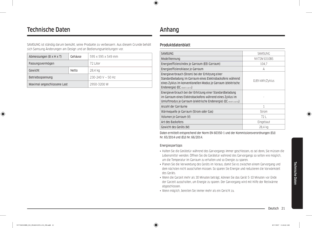 Samsung NV72M1010BS/EE, NV72M1010BS/EG manual Technische Daten, Anhang, Produktdatenblatt 