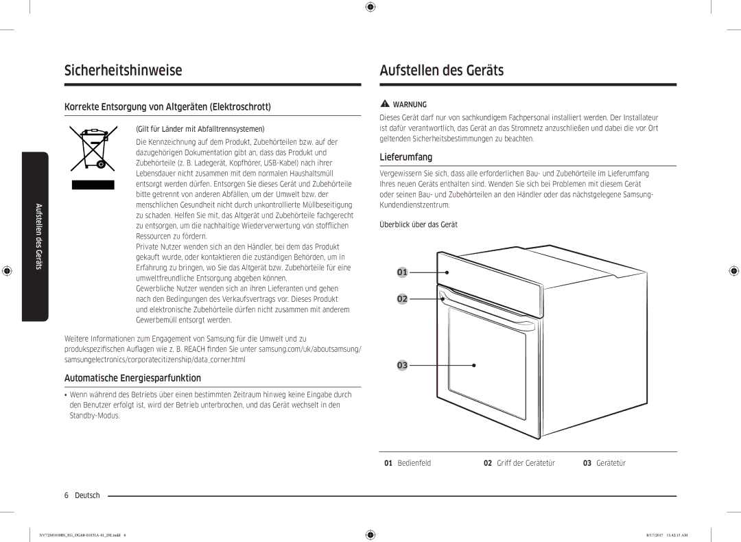 Samsung NV72M1010BS/EG manual Aufstellen des Geräts, Korrekte Entsorgung von Altgeräten Elektroschrott, Lieferumfang 