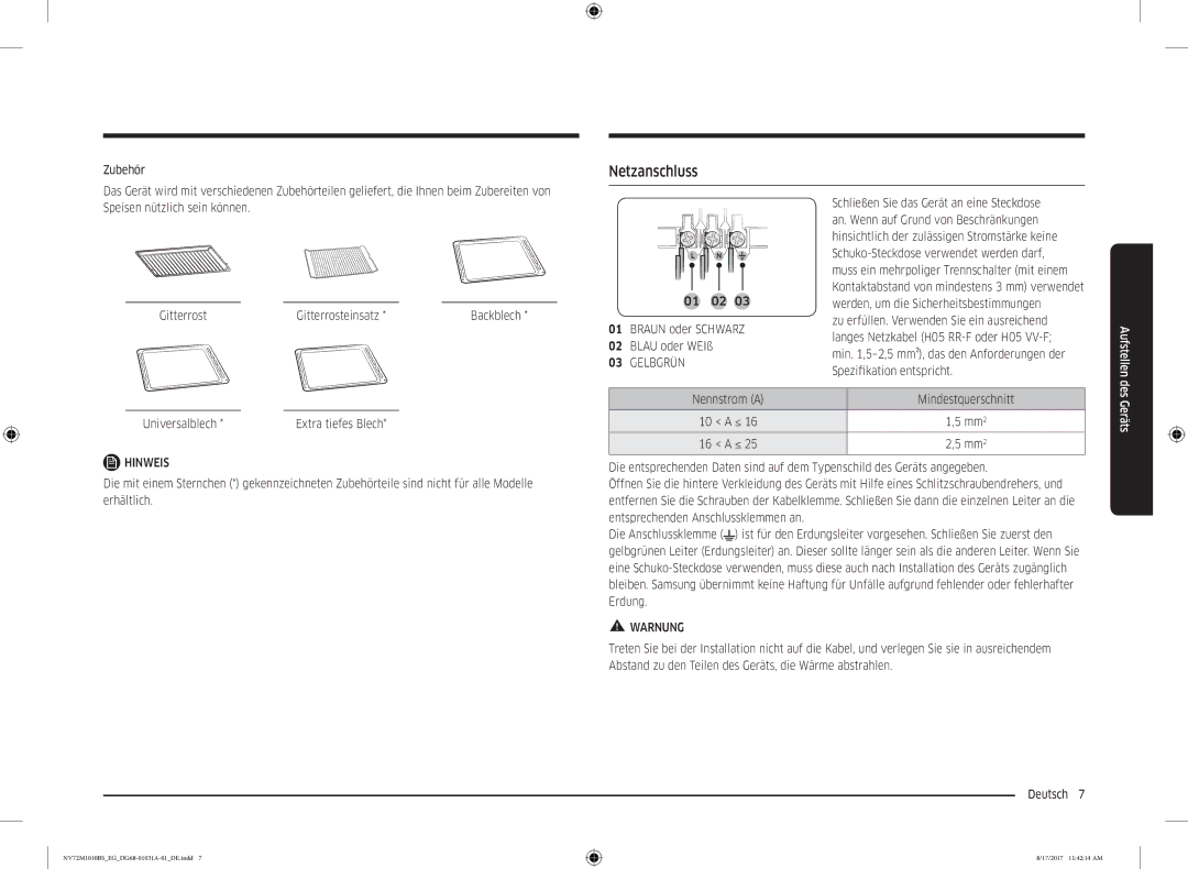 Samsung NV72M1010BS/EE, NV72M1010BS/EG manual Netzanschluss 