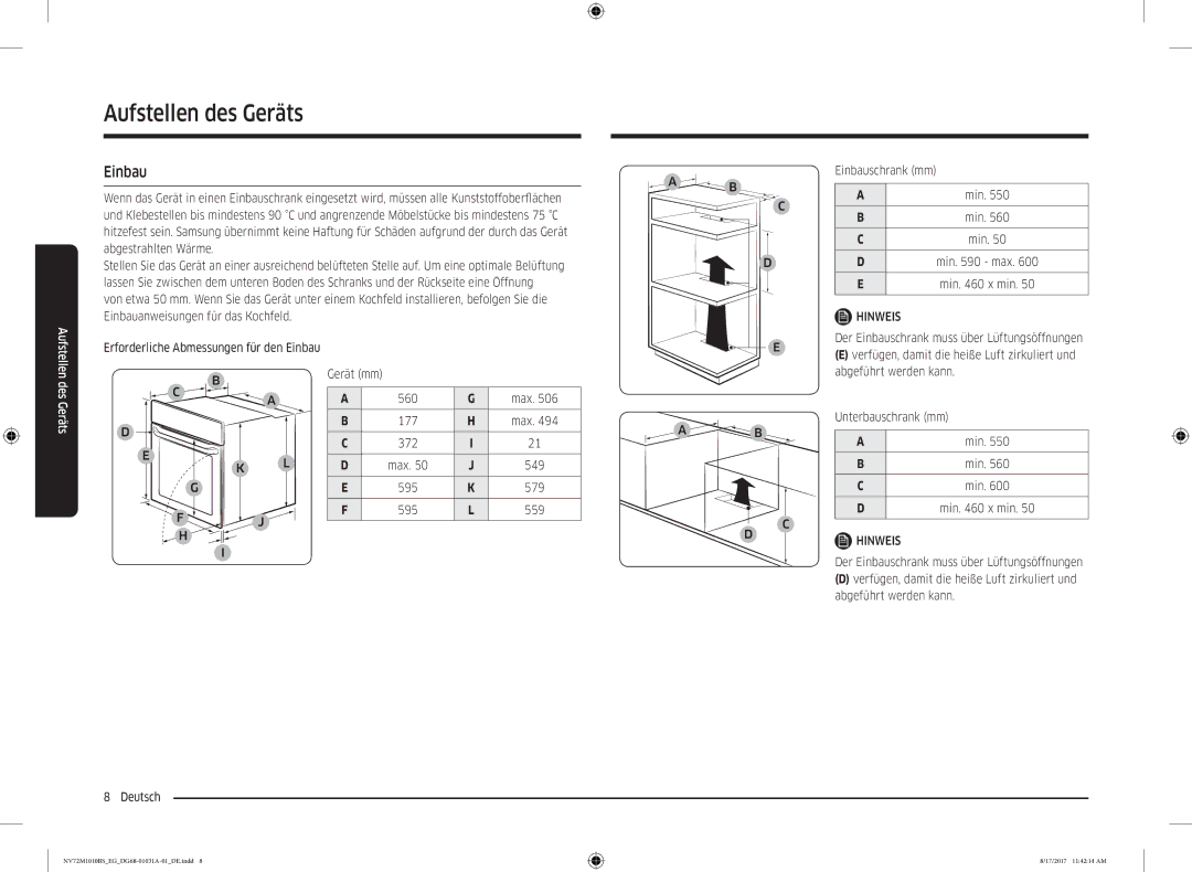 Samsung NV72M1010BS/EG, NV72M1010BS/EE manual Einbau, Min 