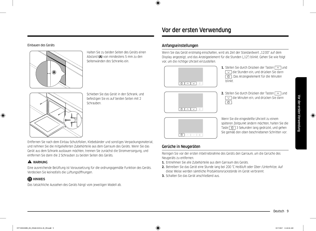 Samsung NV72M1010BS/EE, NV72M1010BS/EG manual Vor der ersten Verwendung, Anfangseinstellungen, Gerüche in Neugeräten 