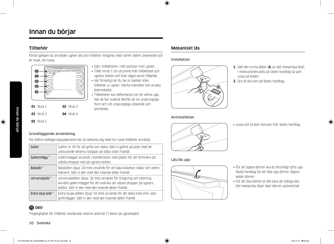 Samsung NV72M1010BS/EG, NV72M1010BS/EE manual Tillbehör, Mekaniskt lås, Nivå 