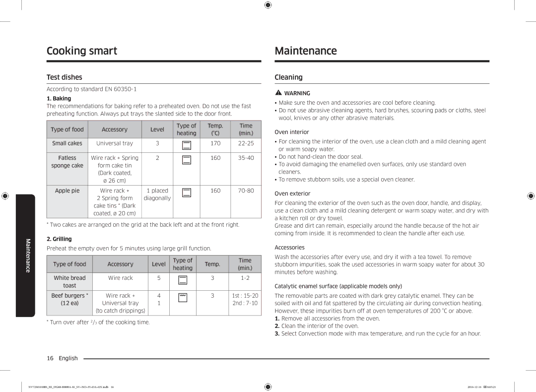 Samsung NV72M1010BS/EG, NV72M1010BS/EE manual Maintenance, Test dishes, Cleaning, According to standard EN 