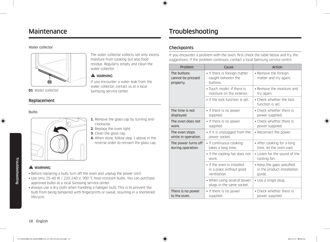 Samsung NV72M1010BS/EG, NV72M1010BS/EE manual Troubleshooting, Checkpoints, Replacement, Water collector 