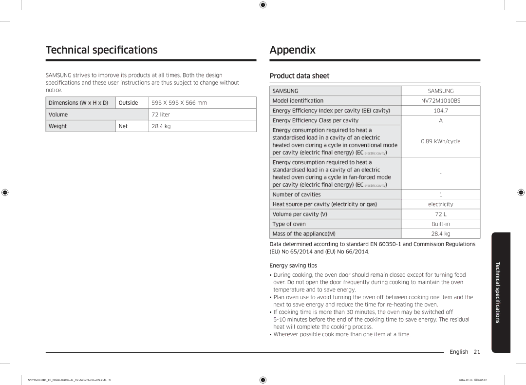 Samsung NV72M1010BS/EE, NV72M1010BS/EG manual Technical specifcations, Appendix, Product data sheet 