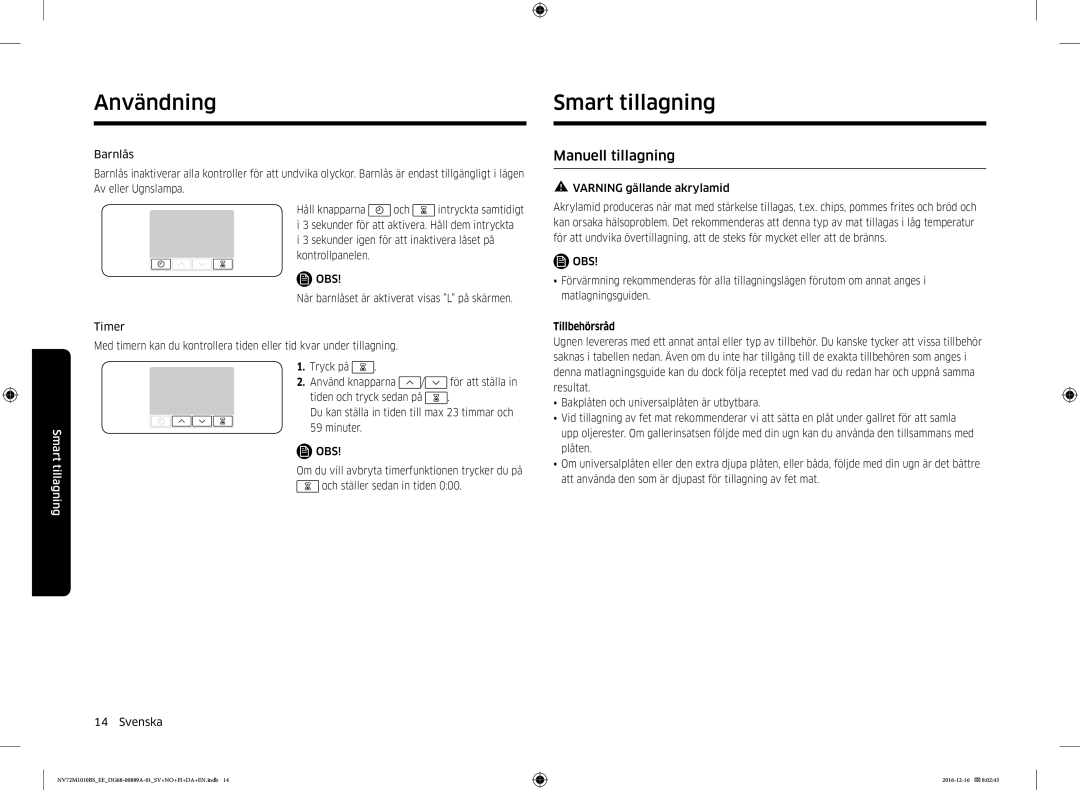 Samsung NV72M1010BS/EG, NV72M1010BS/EE manual Smart tillagning, Manuell tillagning, Tillbehörsråd 