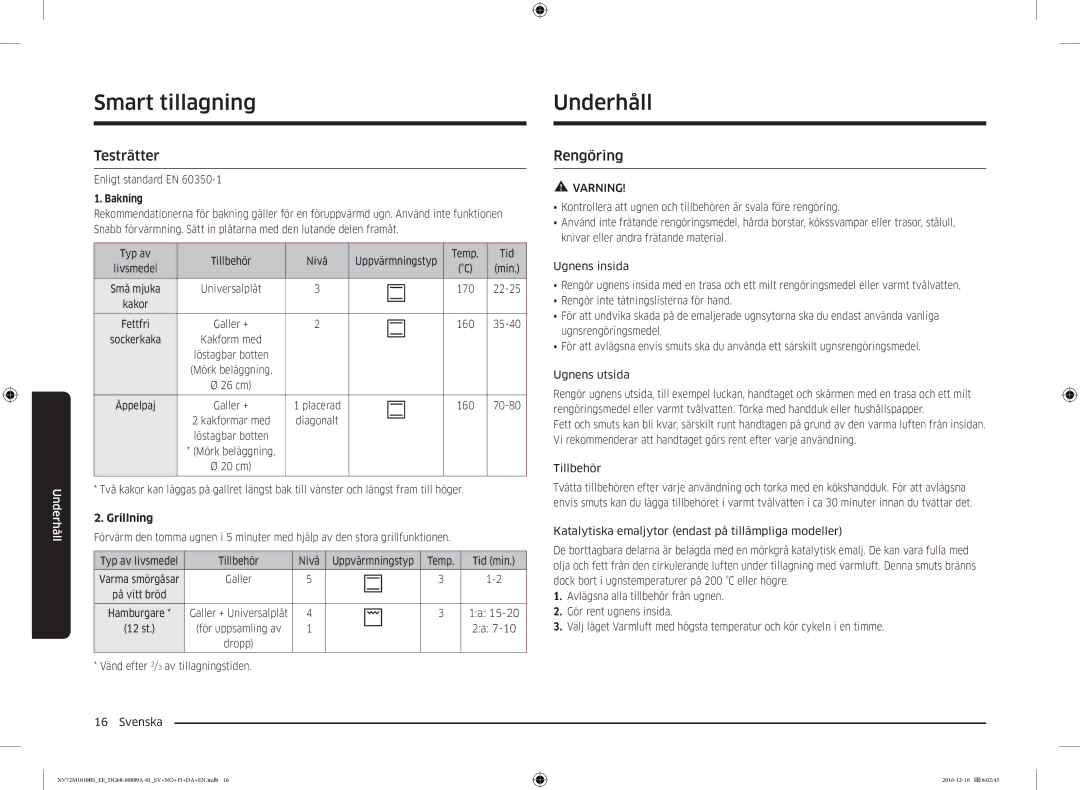 Samsung NV72M1010BS/EG, NV72M1010BS/EE manual Underhåll, Testrätter, Rengöring 