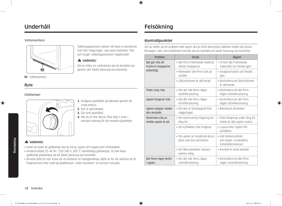 Samsung NV72M1010BS/EG, NV72M1010BS/EE manual Felsökning, Byte, Kontrollpunkter 