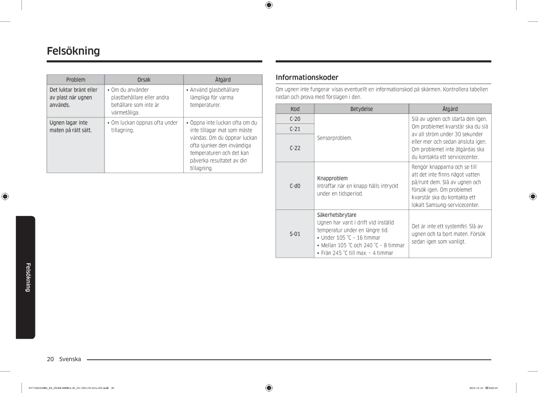 Samsung NV72M1010BS/EG, NV72M1010BS/EE manual Informationskoder 