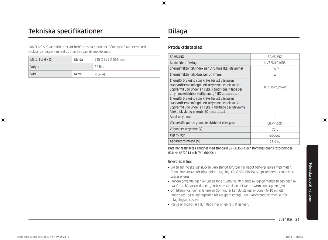 Samsung NV72M1010BS/EE, NV72M1010BS/EG manual Tekniska specifkationer, Bilaga, Produktdatablad 