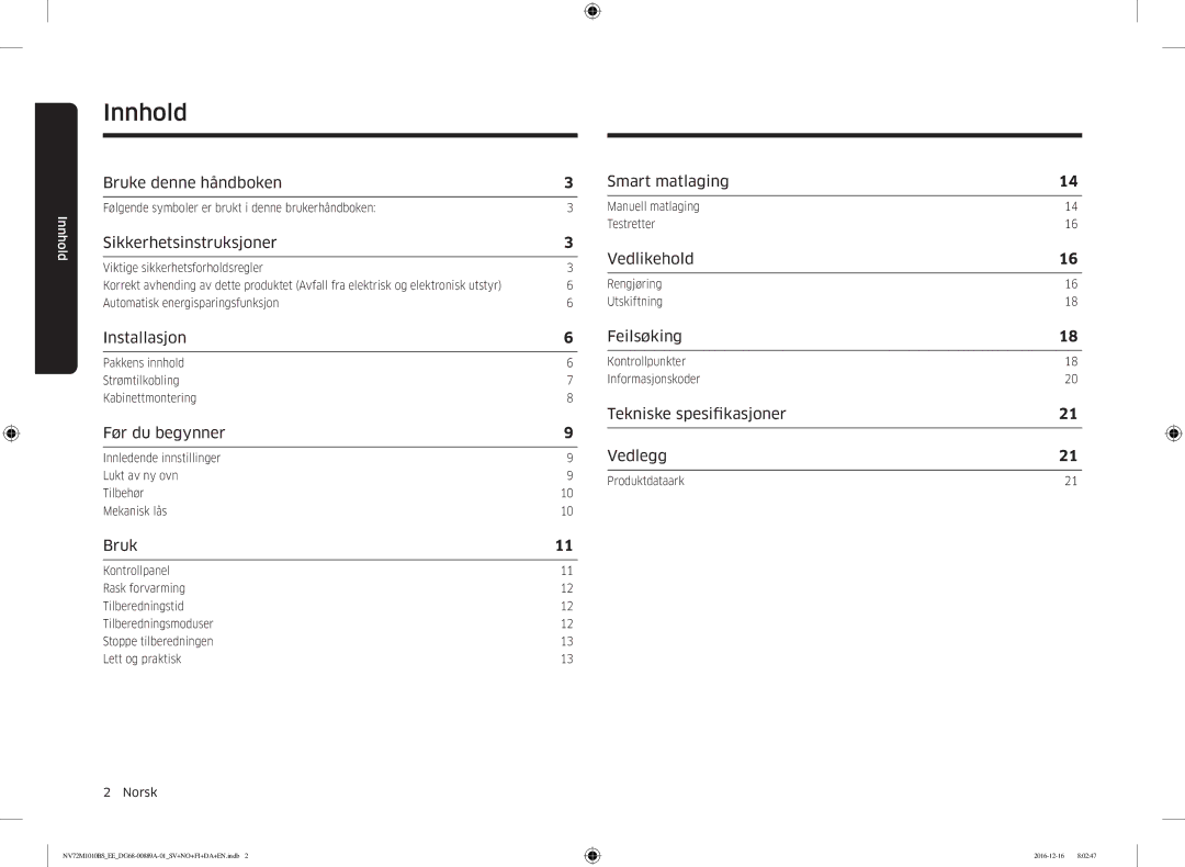 Samsung NV72M1010BS/EG, NV72M1010BS/EE manual Innhold 