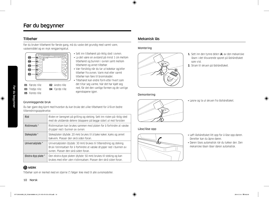 Samsung NV72M1010BS/EG, NV72M1010BS/EE manual Tilbehør, Mekanisk lås, Første rille, Tredje rille 