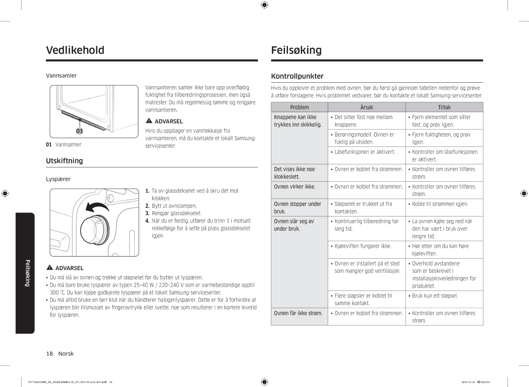 Samsung NV72M1010BS/EG, NV72M1010BS/EE manual Vedlikehold Feilsøking, Utskiftning, Vannsamler 