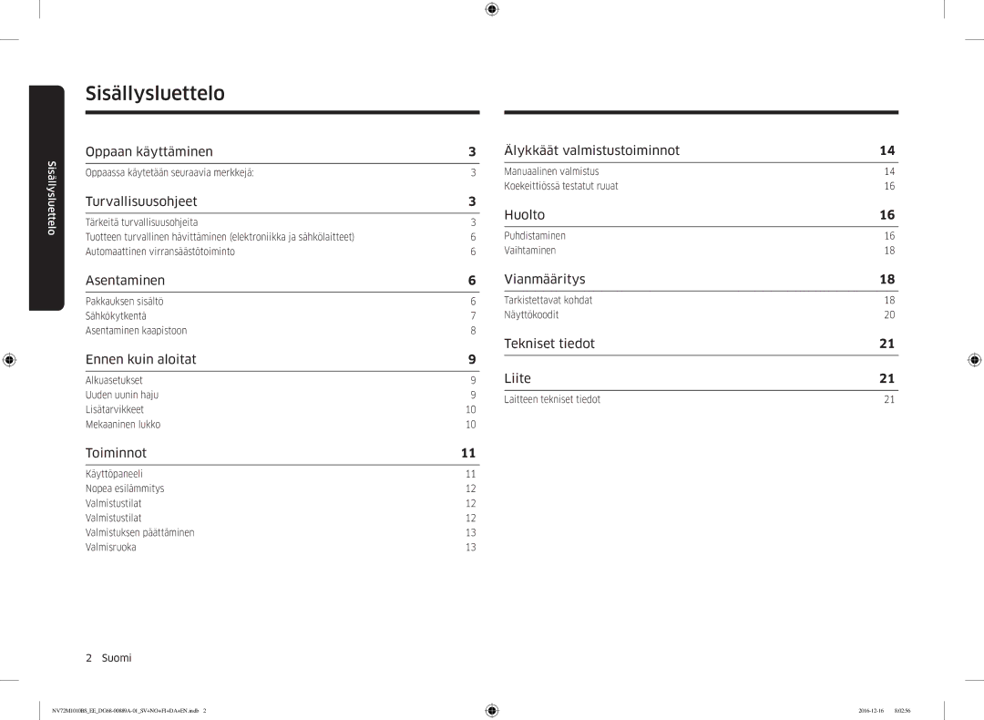 Samsung NV72M1010BS/EG, NV72M1010BS/EE manual Sisällysluettelo 