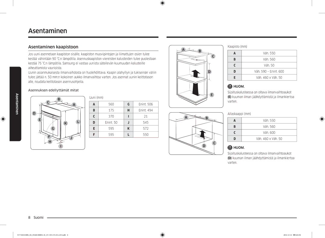 Samsung NV72M1010BS/EG manual Asentaminen kaapistoon, Asennuksen edellyttämät mitat Uuni mm 560 Enint 175 370, Varten 