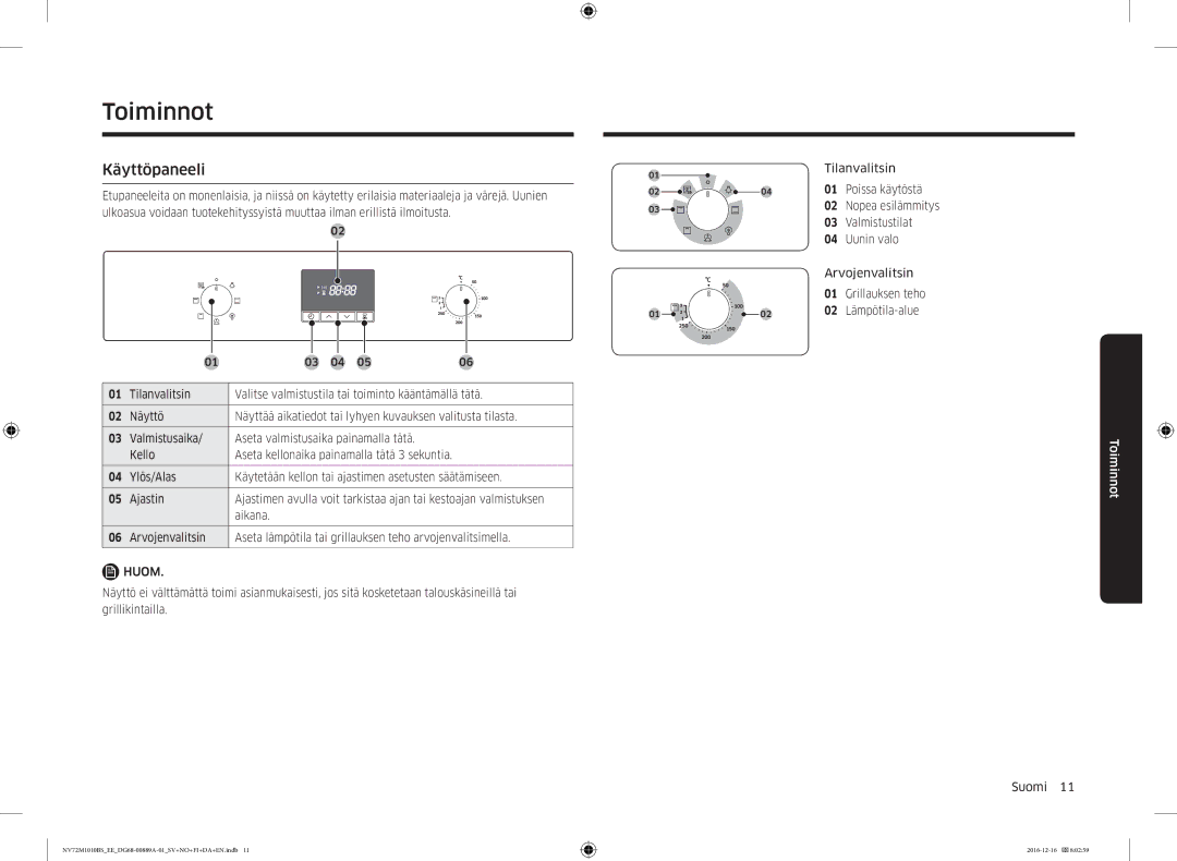 Samsung NV72M1010BS/EE, NV72M1010BS/EG manual Toiminnot, Käyttöpaneeli 