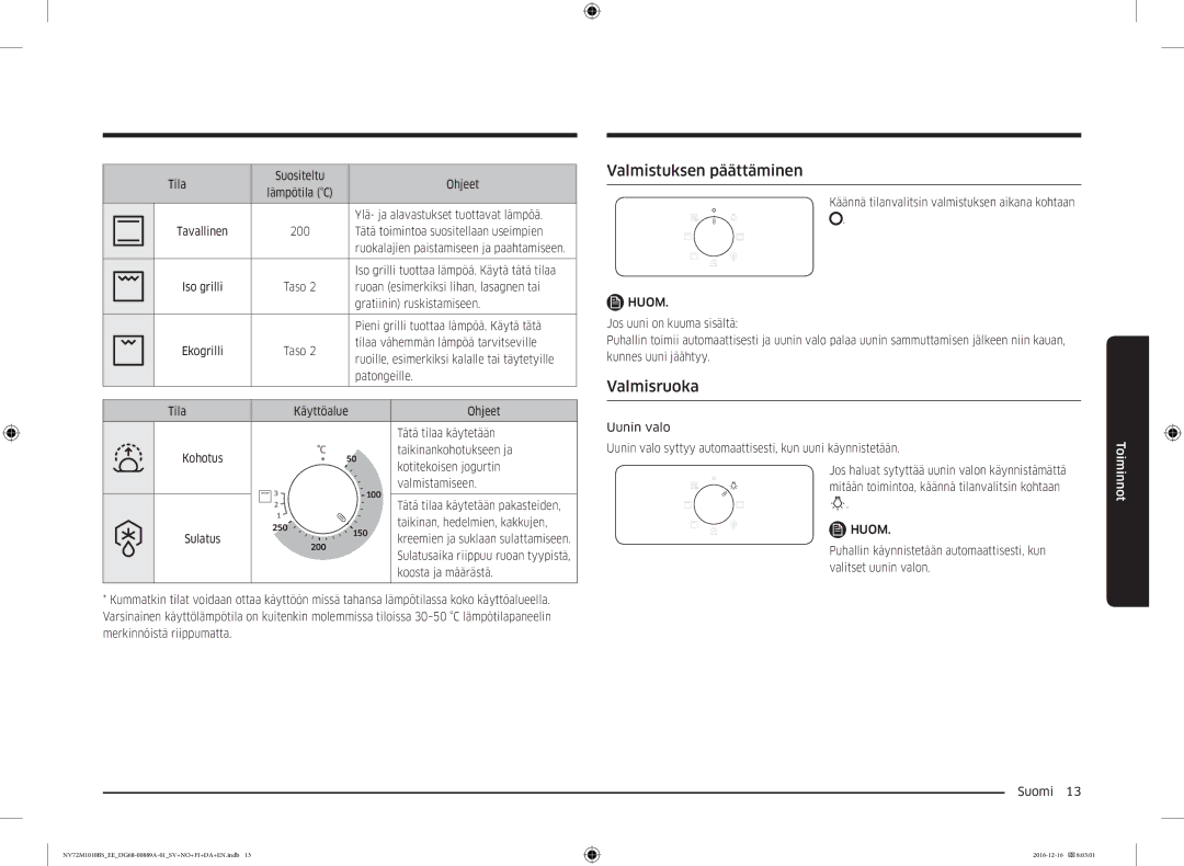 Samsung NV72M1010BS/EE, NV72M1010BS/EG manual Valmistuksen päättäminen, Valmisruoka 