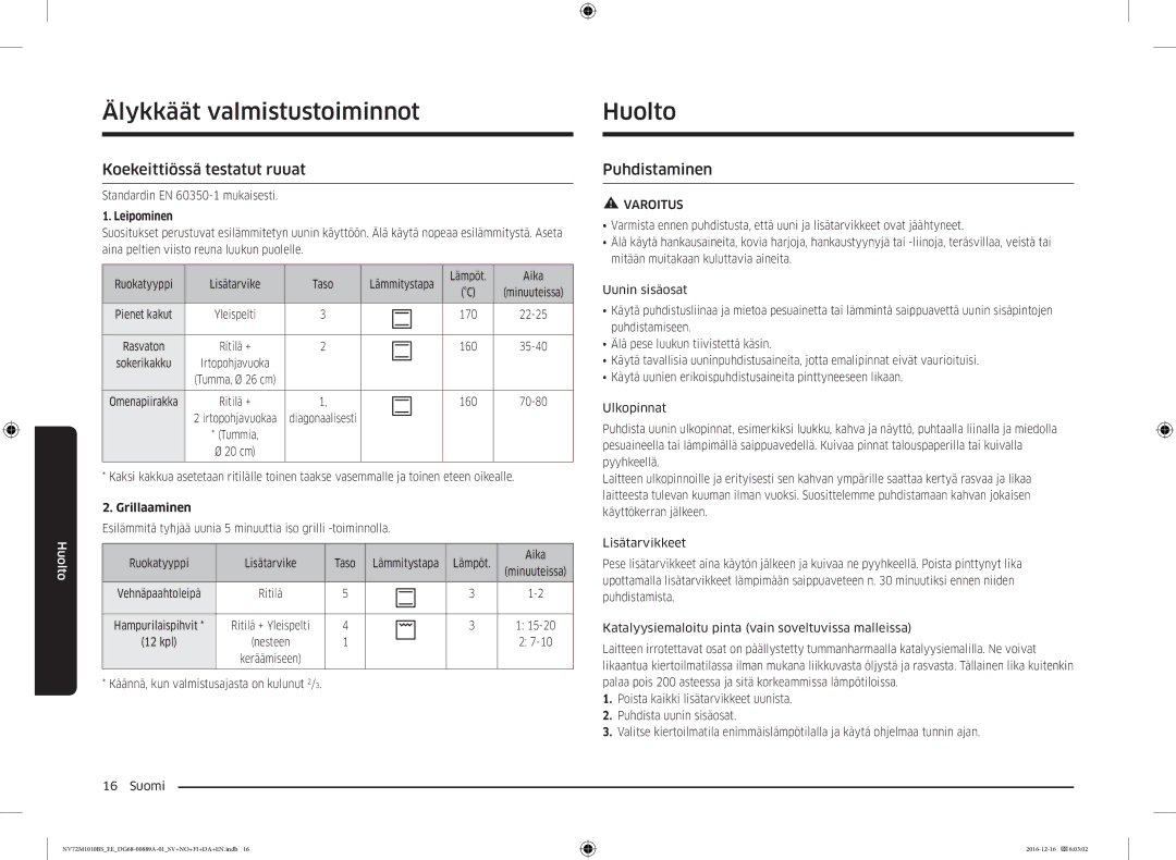 Samsung NV72M1010BS/EG manual Huolto, Koekeittiössä testatut ruuat, Puhdistaminen, Standardin EN 60350-1 mukaisesti 