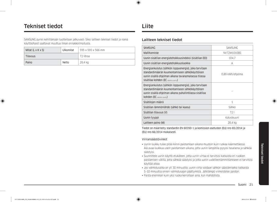 Samsung NV72M1010BS/EE, NV72M1010BS/EG manual Tekniset tiedot, Liite, Laitteen tekniset tiedot 