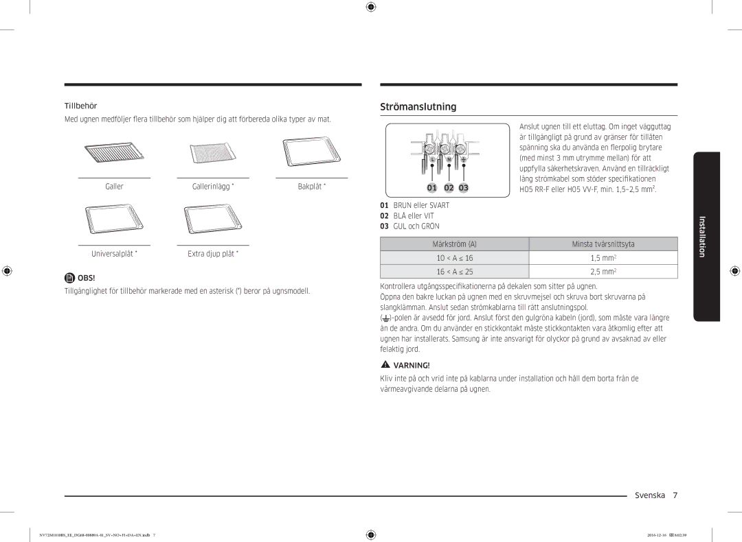 Samsung NV72M1010BS/EE manual Strömanslutning, Galler Gallerinlägg, 01 02 Brun eller Svart 02 BLÅ eller VIT GUL och Grön 