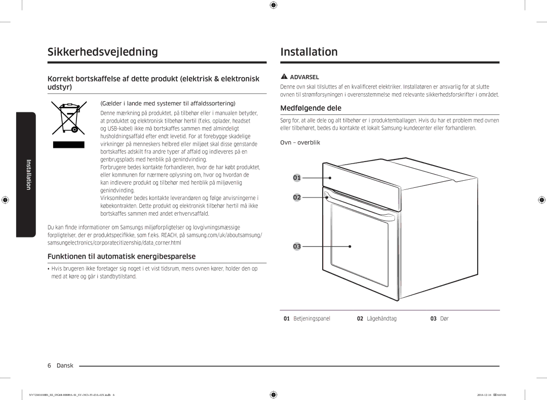 Samsung NV72M1010BS/EG, NV72M1010BS/EE manual Funktionen til automatisk energibesparelse, Medfølgende dele, Ovn overblik 