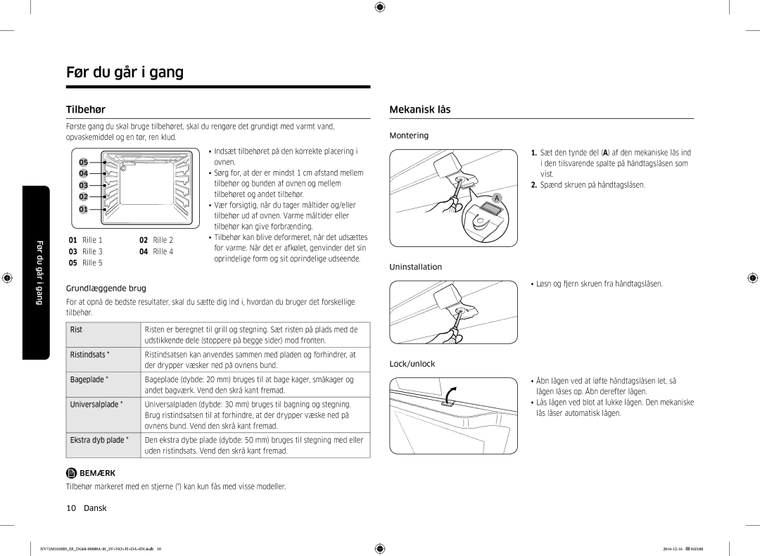 Samsung NV72M1010BS/EG manual Vist Spænd skruen på håndtagslåsen Uninstallation, Der drypper væsker ned på ovnens bund 