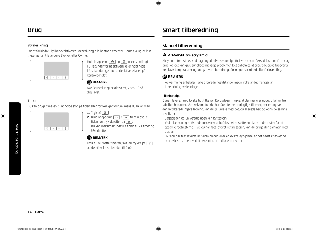 Samsung NV72M1010BS/EG, NV72M1010BS/EE manual Smart tilberedning, Manuel tilberedning, Tilbehørstips 