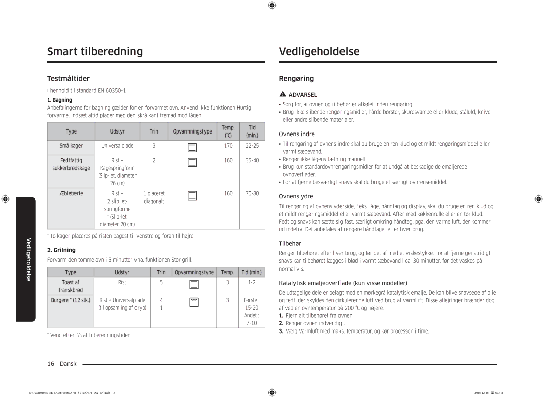 Samsung NV72M1010BS/EG Vedligeholdelse, Testmåltider, Rengøring, Temp Tid min, Vend efter 2/3 af tilberedningstiden Dansk 