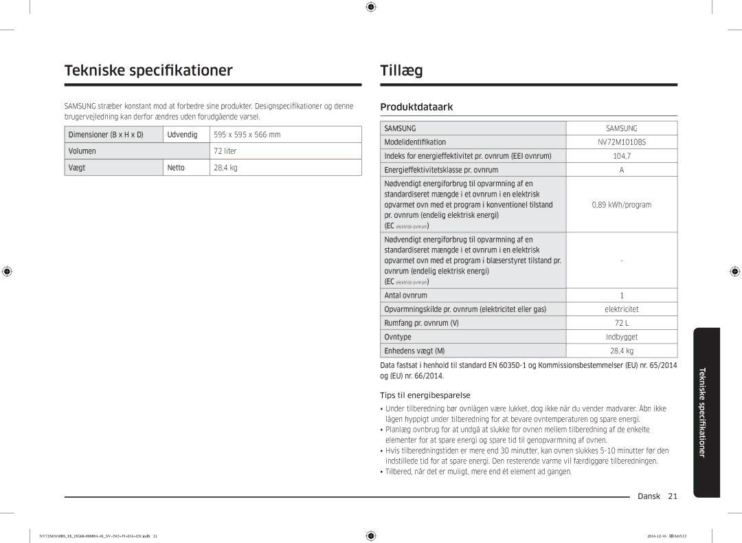 Samsung NV72M1010BS/EE, NV72M1010BS/EG manual Tekniske specifkationer, Tillæg 